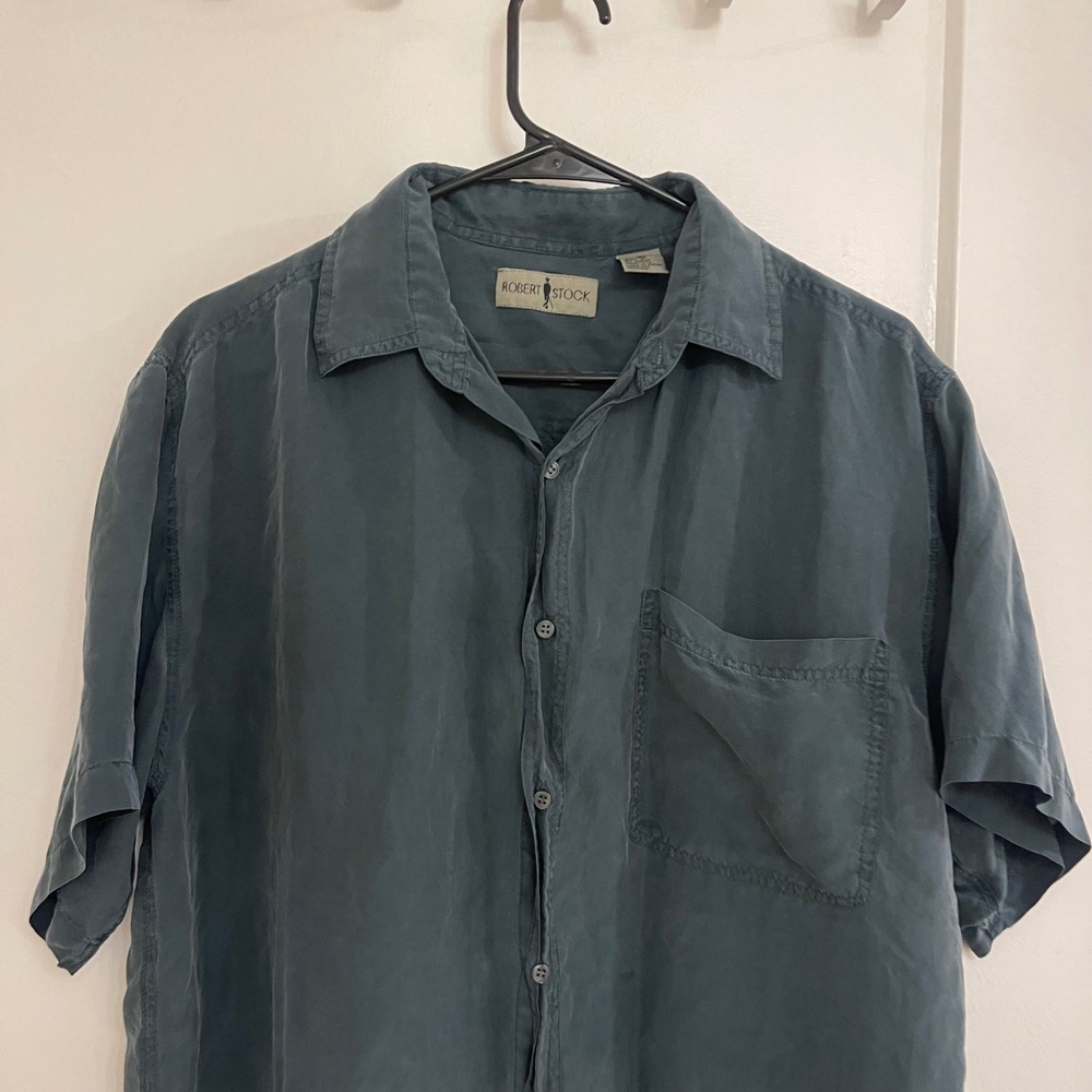 Vintage Robert Stock Silk Button Up Shirt Green‎ Luxury Summer Breathable Euro